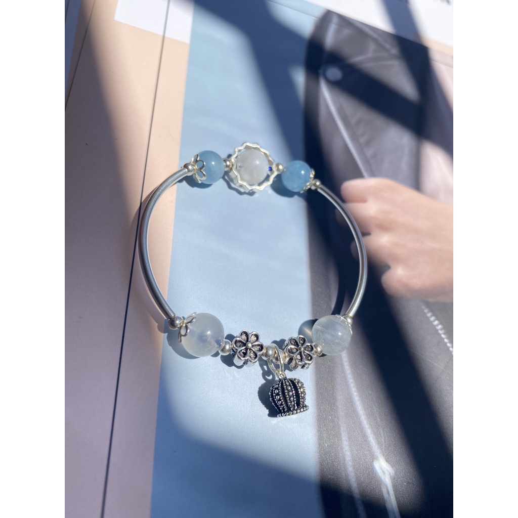 Vòng Phong Thủy mệnh Kim - Thủy. Vòng đ.á Aquamarrine kết hợp đ.á Mặt Trăng mix charm bạc 925