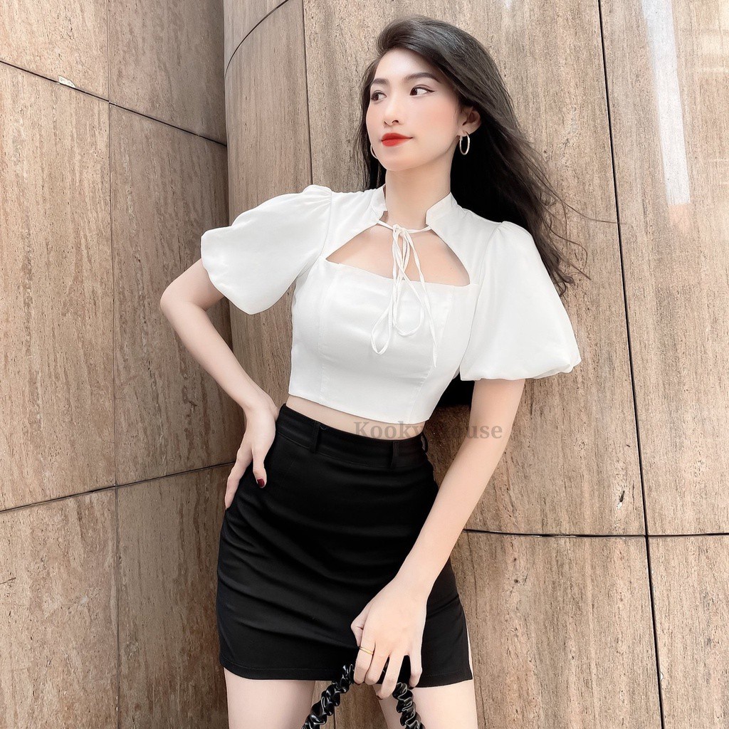 KOOKY HOUSE - MORELA TOP TRẮNG - Áo croptop thiết kế tay chuông nơ cổ nữ tính siêu xinh