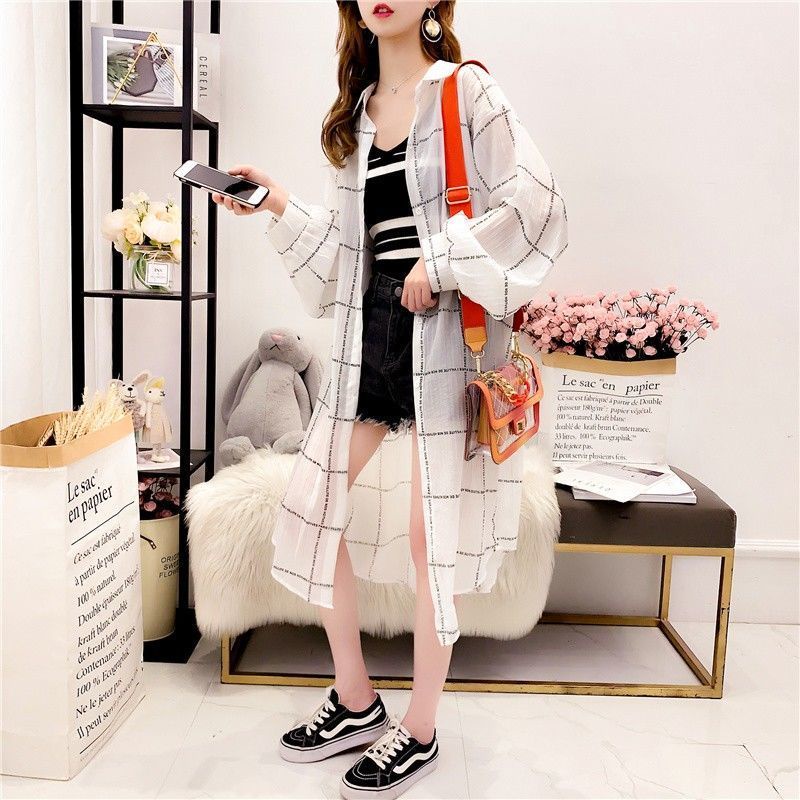 [Hàng Bán Chạy]~Áo Khoác Sơ Mi Dài Tay Dài Qua Gối Kẻ Sọc Caro Chống Nắng Mùa Hè Phổ Biến Cho Nữ