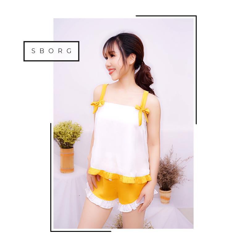 Đồ ngủ 2 dây SBORG đồ bộ mặc nhà chất lụa satin mềm mịn nơ vai viền bèo cute từ 45-64kg quà tặng vợ fly sun