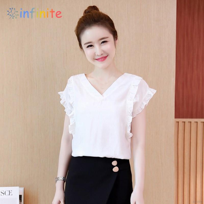 Áo kiểu cổ V ngắn tay viền xếp li thanh lịch cho nữ | BigBuy360 - bigbuy360.vn