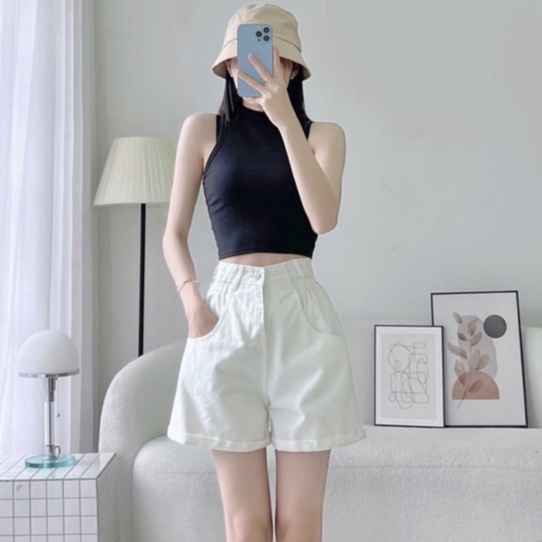 Quần short nữ ống rộng cạp cao chun eo , quần đùi jeans kaki xắn gấu 2 màu đen trắng