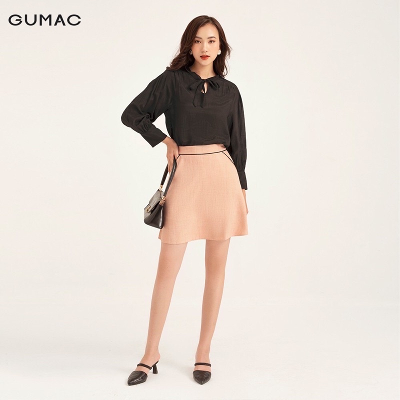 PASS ÁO SƠMI NỮ GUMAC BUỘC NƠ ĐEN LỤA GÂN SIZE XS TÔN DA