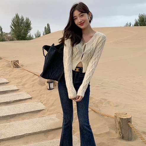 ZHELIHANGFEI Áo Cardigan Dệt Kim Tay Dài Cổ Chữ V Thời Trang Cho Nữ