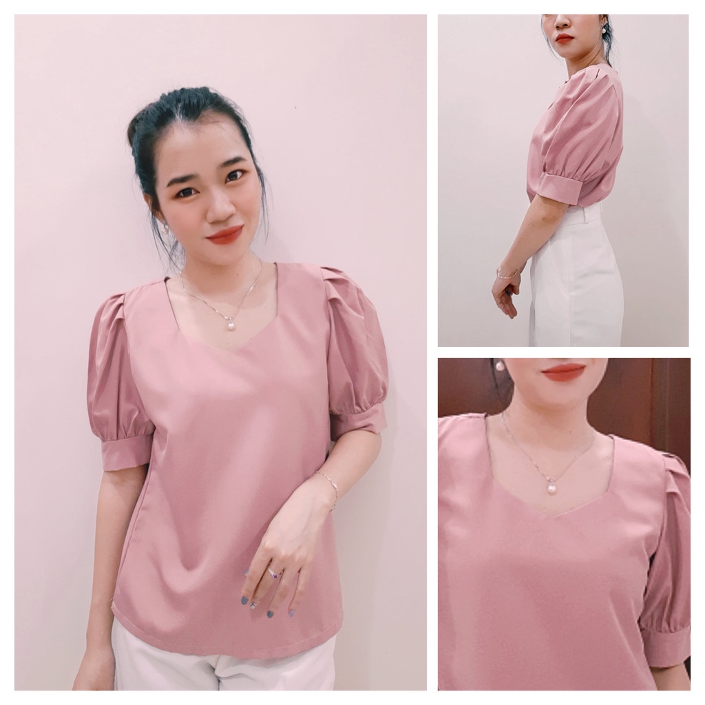 Áo Kiểu Nữ Cổ Vuông Tay Phồng Bigsize Phong Cách Hàn Quốc Chất Cotton Lụa Xinh Xắn ( kèm ảnh thật và clip)