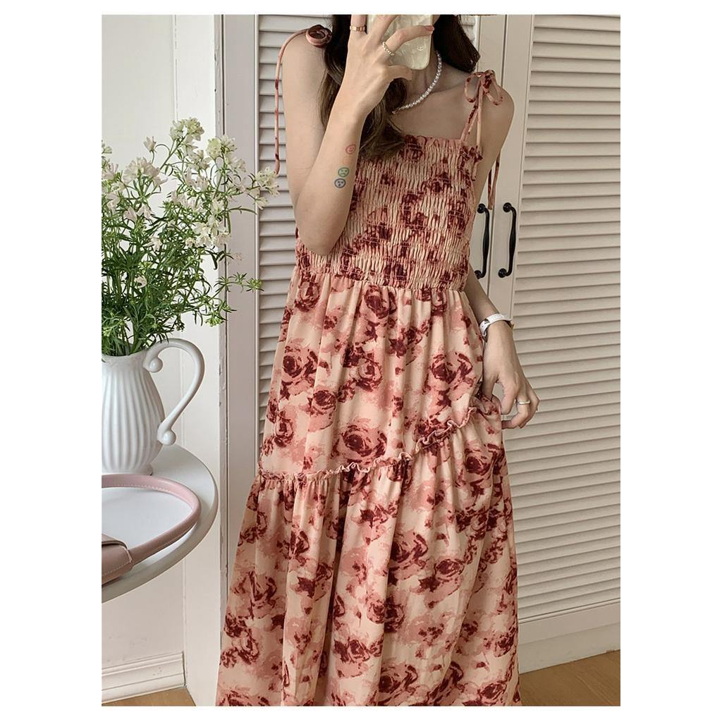 Đầm Hai Dây Họa Tiết Hoa Thời Trang Mùa Hè Pháp Kiểu Retro Mới 63999