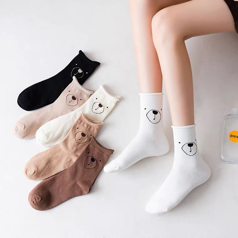 Tất cổ cao, vớ cổ cao nhún nữ hình gấu nhiều màu co giãn xinh xắn Warm&amp;Cute AD32