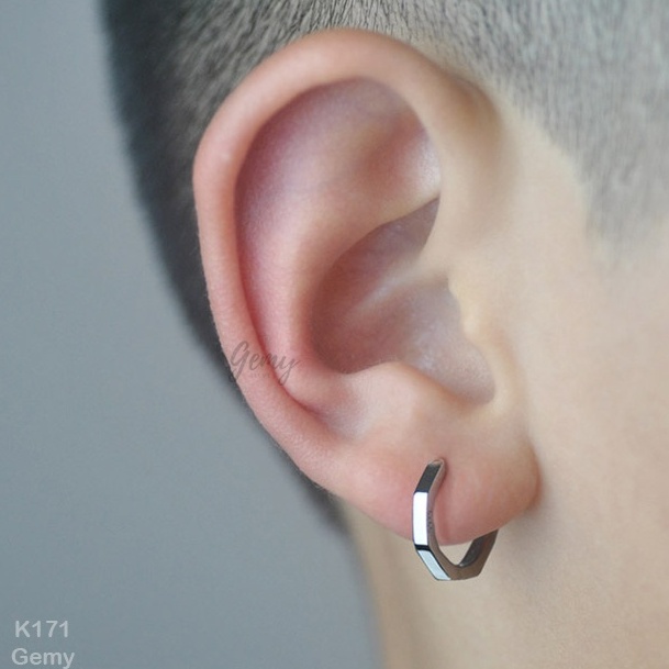 Bông tai, Khuyên tai nam bạc 925 cao cấp thiết kế lục giác tròn độc đáo, cá tính, unisex K171(1 chiếc)| GEMY SILVER