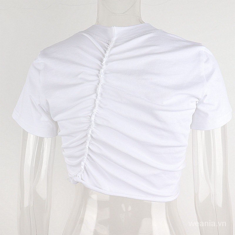 Áo thun cổ tròn thiết kế xếp ly nữ tính phong cách thời trang