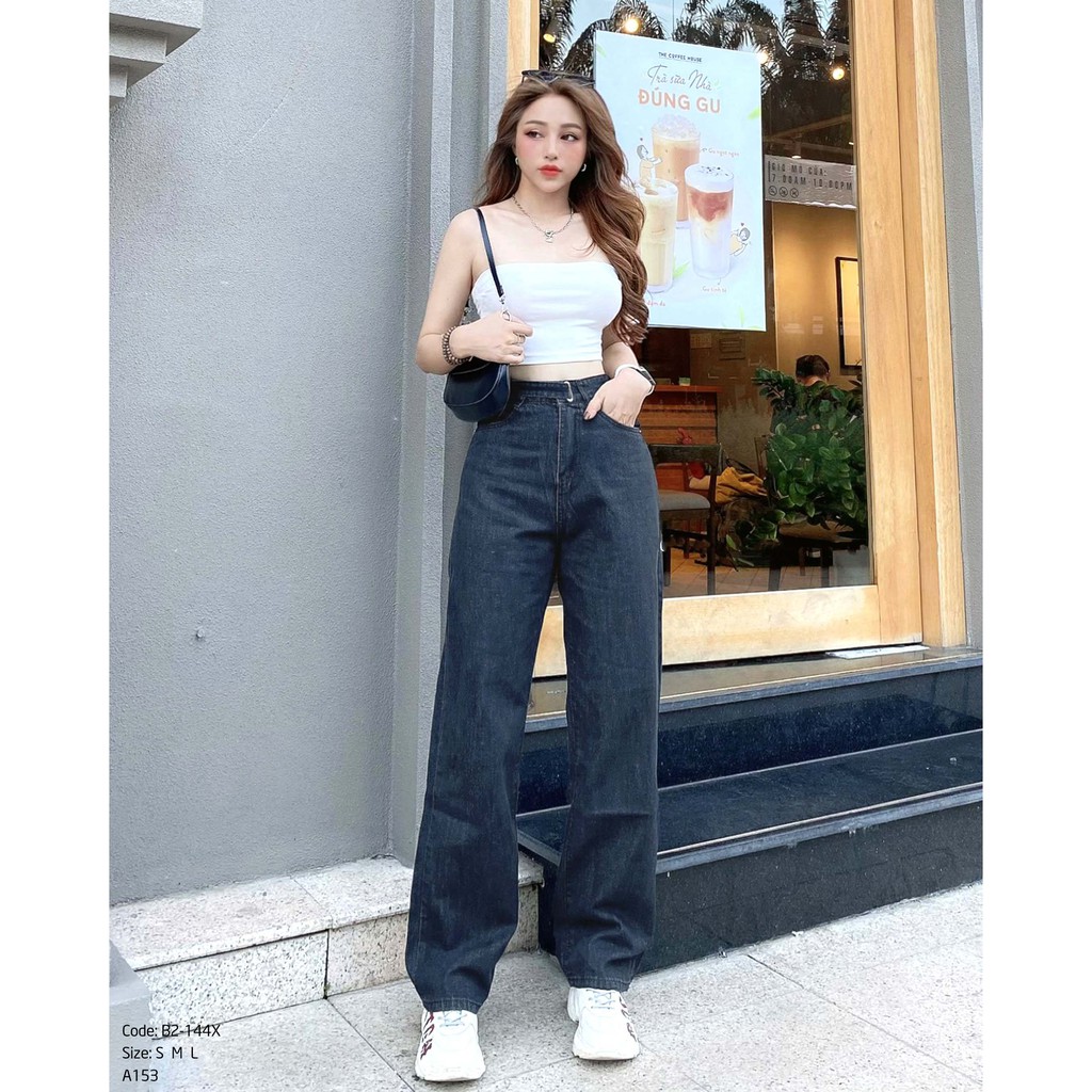 Quần jean nữ ống rộng lưng cao Kpboutique mã B2-144X màu đen, hình shop chụp 100%, cam kết đổi trả nếu không hài lòng