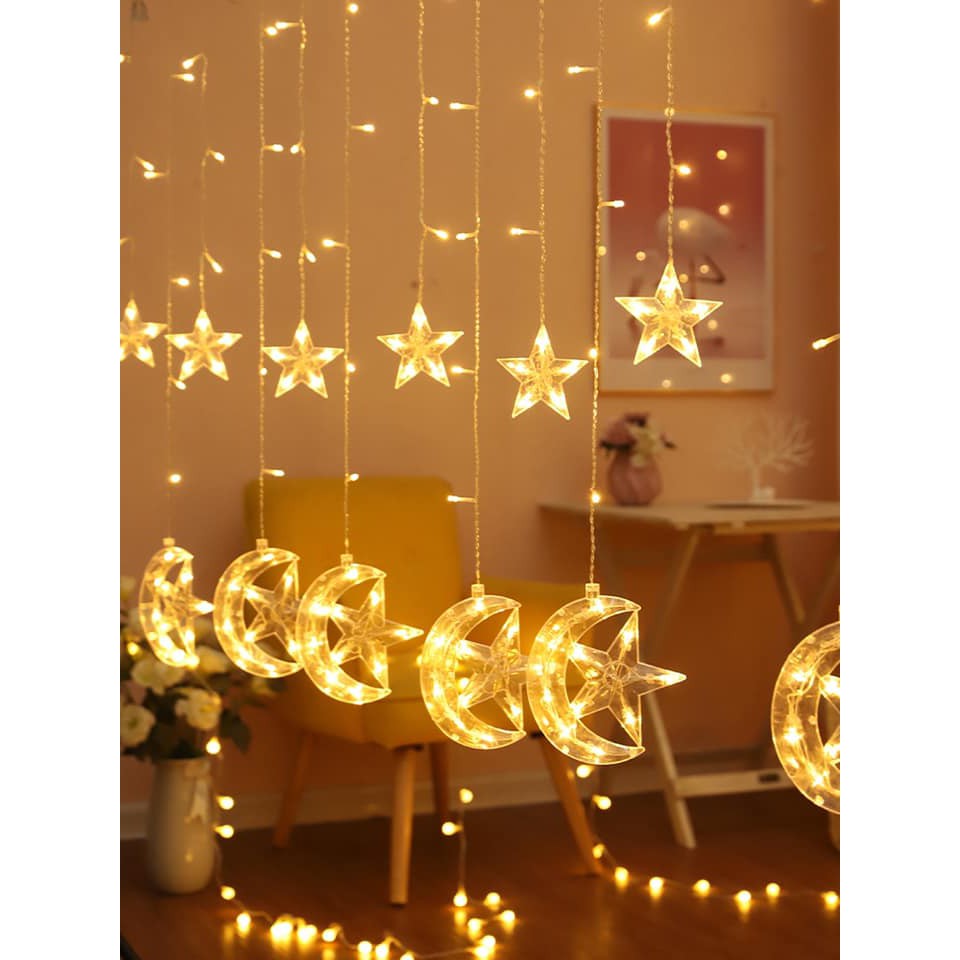 Đèn sao trăng, đèn led trang trí, đèn trang trí ( rèm đèn có 12 sợi thả xuống) màu sáng ấm