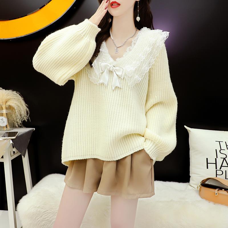 Áo sweater cổ chữ V phối ren thiết kế mới dành cho nữ 2021