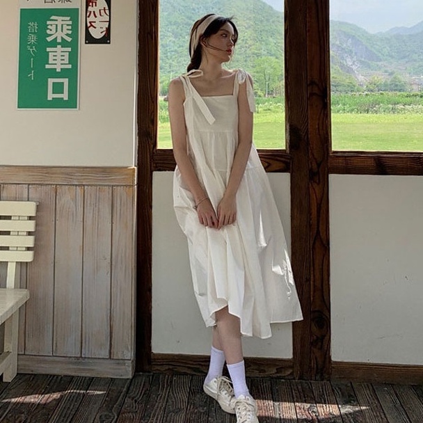 NZN Đầm lửng hai dây đính nơ phong cách Hàn Quốc thời trang