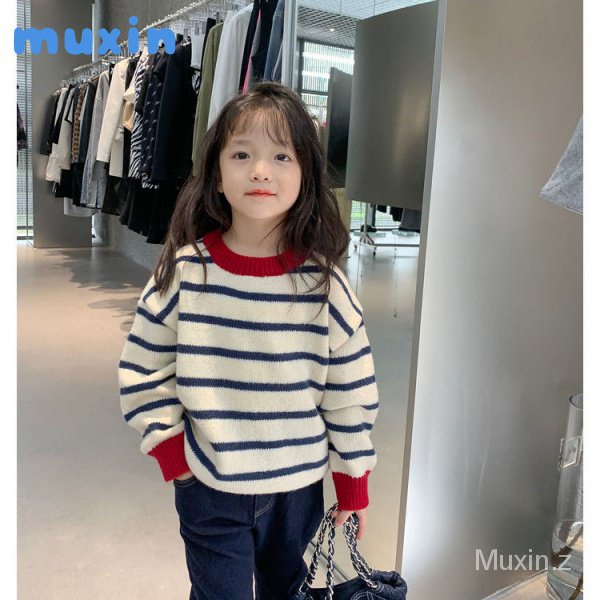 Muxin Quần Áo Trẻ Em Bé Gái Phiên Bản Hàn Quốc Áo Len Sọc Cho Bé Thu Đông Phong Cách Phương Tây Rời 