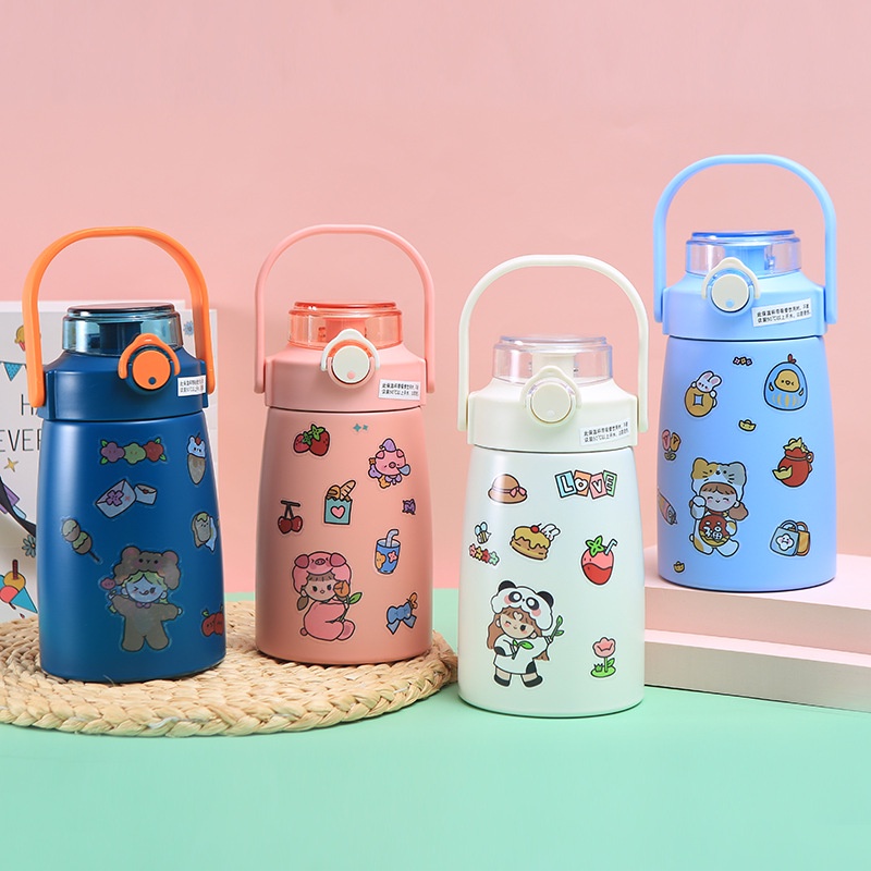 Bình nước giữ nhiệt 800ML có sticker ngộ nghĩnh cute tặng kèm ống hút