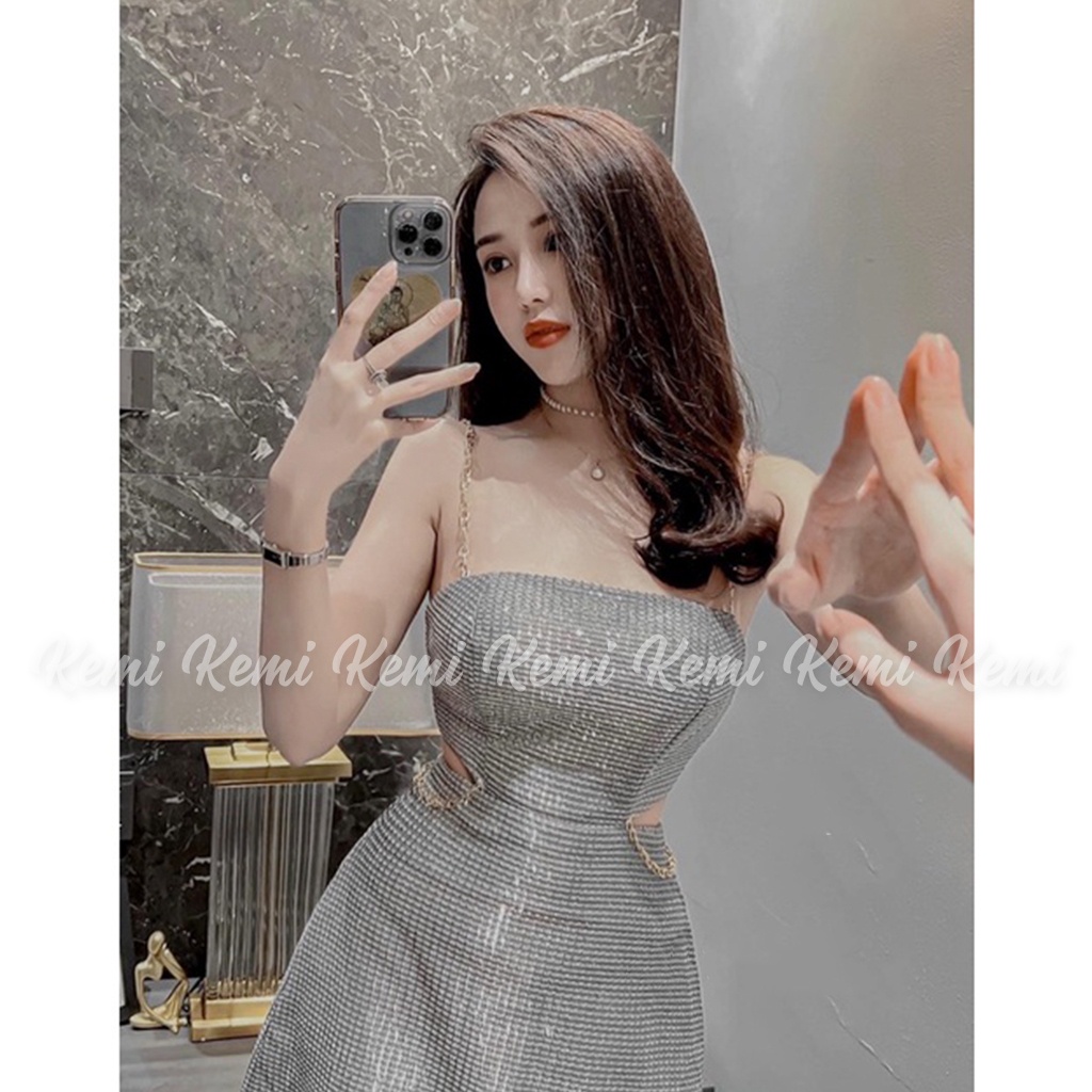 Váy đầm bling nữ 2 dây Sequin xích chất nhũ hở khoét eo cúp ngực dáng ngắn ôm body kiểu sexy sang chảnh Kemi