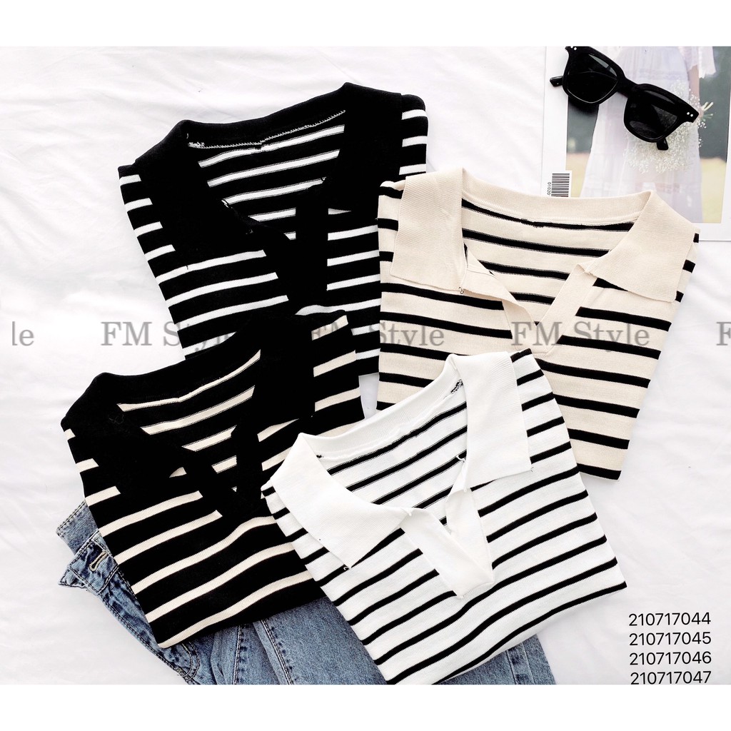 Áo kiểu nữ FM Style cổ bẻ tay ngắn họa tiết sọc ngang phong cách năng động trẻ trung thanh lịch basic 210717046 | BigBuy360 - bigbuy360.vn