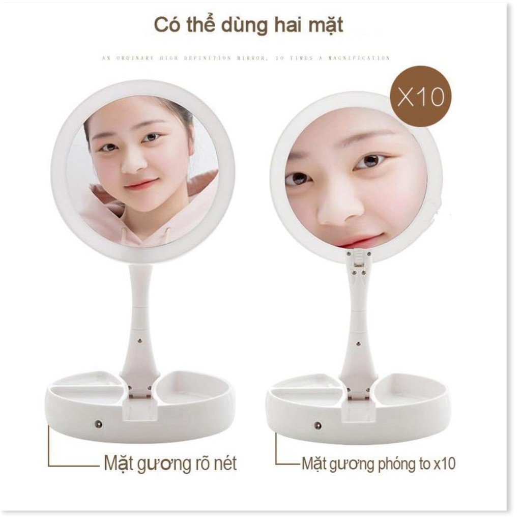 Gương trang điểm xếp gọn xoay 360 độ hai mặt kèm đèn LED