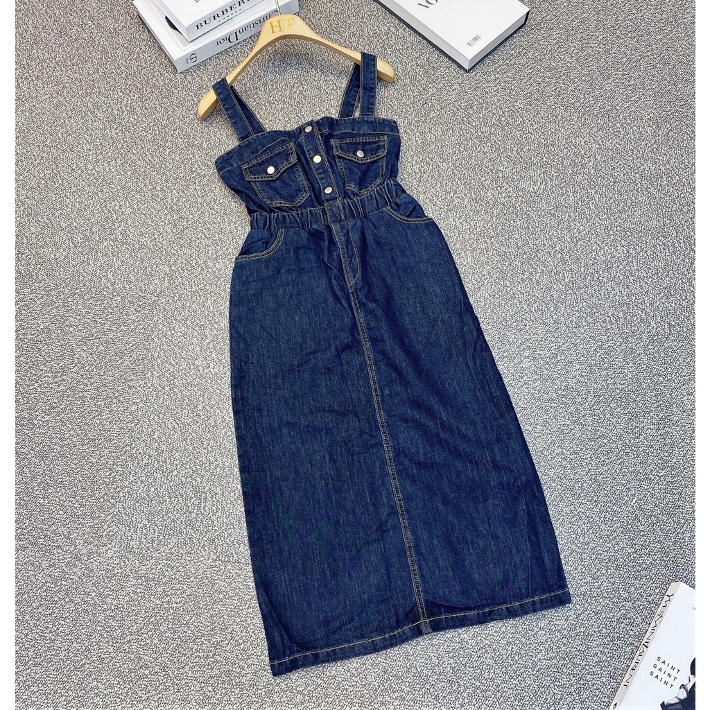 Váy jean 2 dây, chun eo, váy suông, váy jean túi ngực