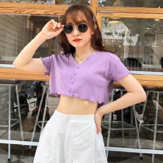 Áo croptop thun tăm cúc cài cổ V nữ phông thun trơn cổ tim tay ngắn chạy viền bánh bèo HOT