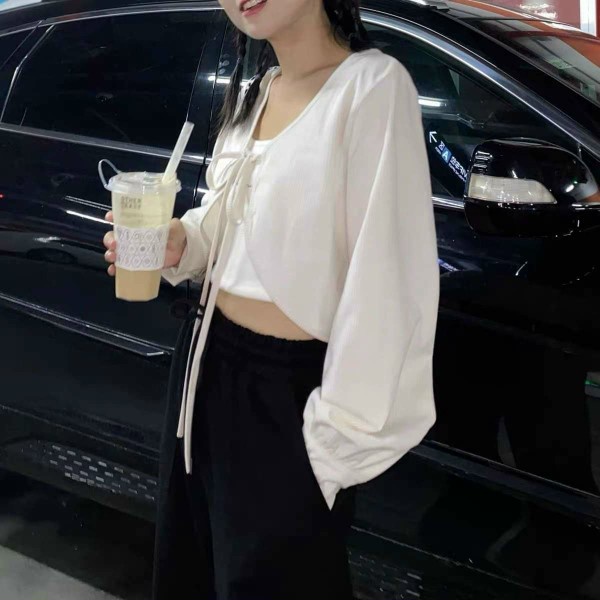 Áo Cardigan Trơn Suông Dài Tay Bồng Phối Dây Buộc Nơ 💙 HD Clothings 💙 Áo khoác mỏng màu trắng basic phong cách trẻ trung