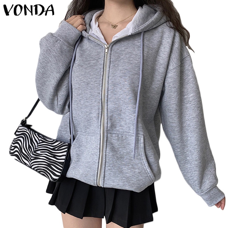 Áo khoác VONDA có mũ trùm khóa kéo tay dài màu trơn phong cách Hàn Quốc giản đơn cho phái nữ