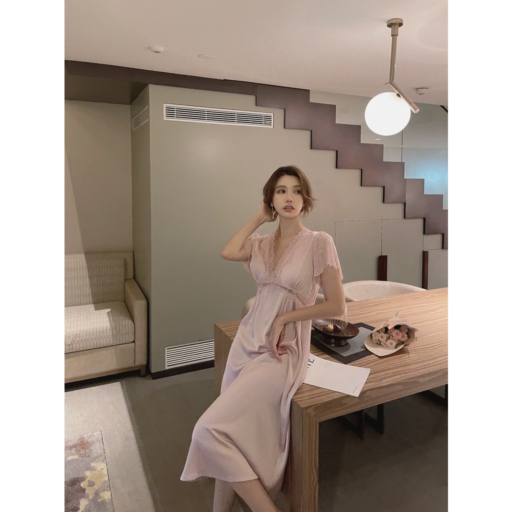 Đầm ngủ tay ngắn phối ren có mút đệm ngực quyến rũ dành cho nữ