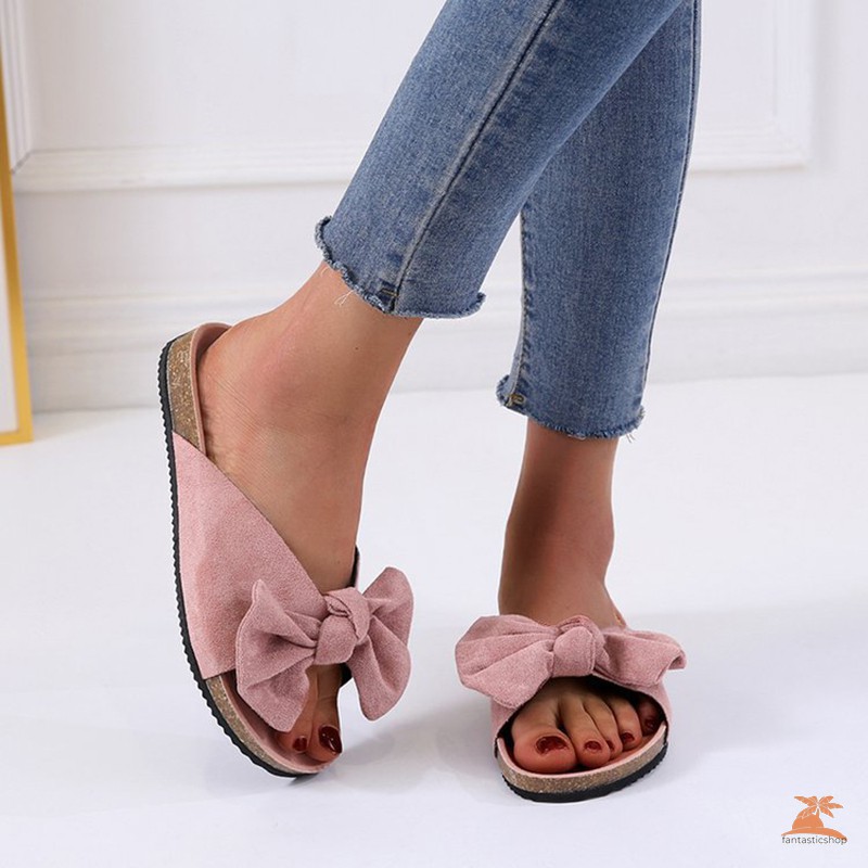 #dep Lê# Summer Women Fashion Bow Tie Flat Slipper Thick Bottom Sandals Home Beach Shoes