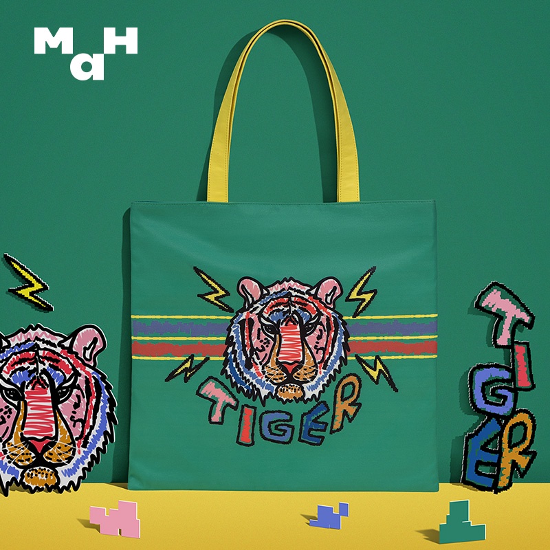 MAH Túi đeo vai Thiết kế in ấn thời trang Tiger Túi vải du lịch thông thường sức chức lớn dành cho cả nam và nữ