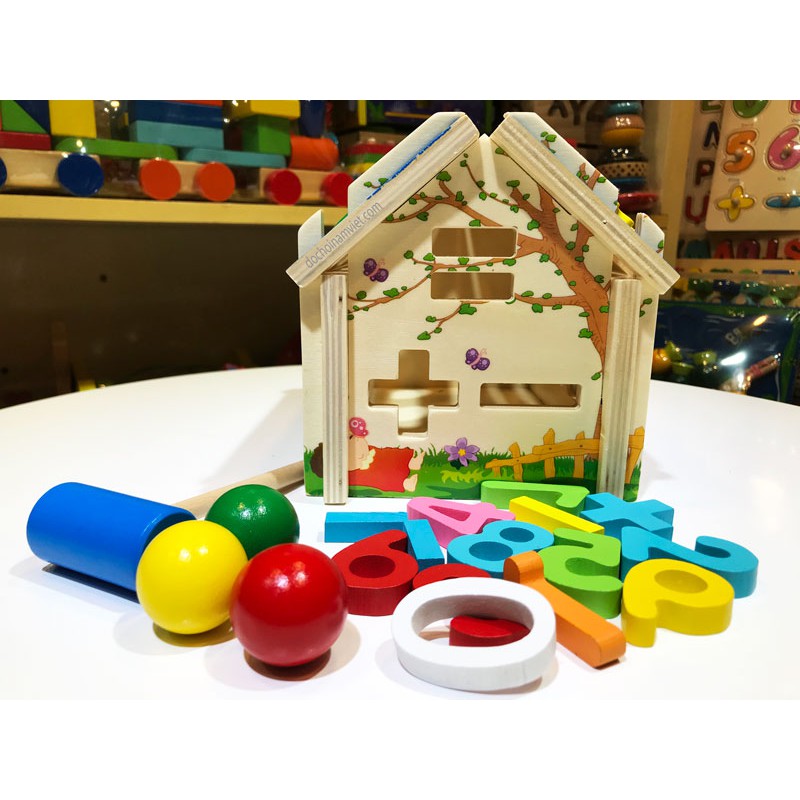 Nhà đập banh kết hợp thả số và bánh răng chuyển động tay đồ chơi gỗ thông minh