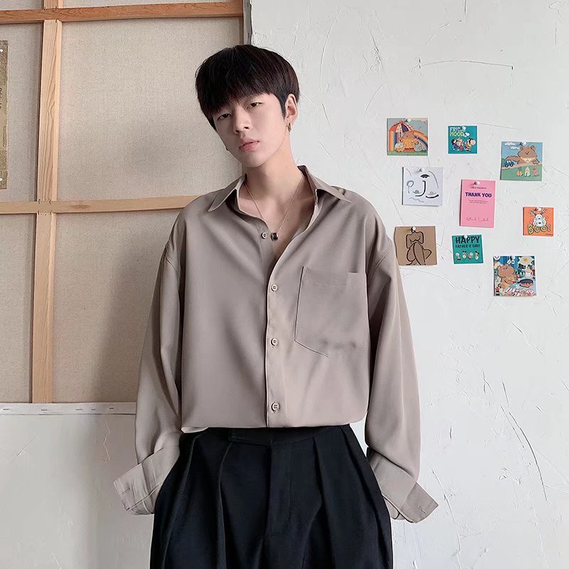 Áo Sơ Mi Trơn Tay Dài Dáng Rộng Thoáng Khí Có Túi Thời Trang Hàn Quốc Cho Nam