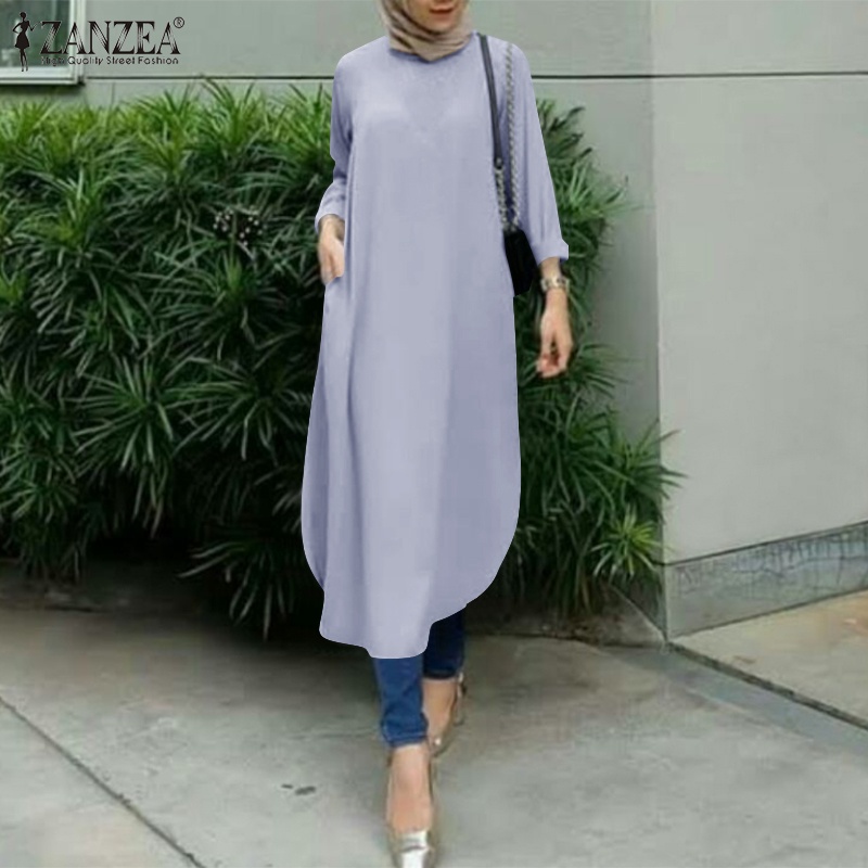 ZANZEA Đầm Dài Màu Trơn Tay Dài Thời Trang Cho Phụ Nữ Hồi Giáo