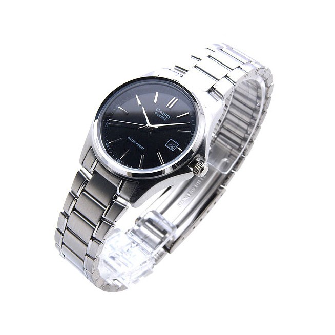 Đồng hồ Casio nữ dây sắt thể thao, mặt đen viền trắng sang trọng, quý phái, chống nước WR30M đi bơi (LTP-1183A-1ADF)