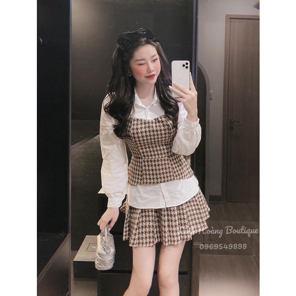 Set dạ ziczac áo phối sơ mi và chân váy xếp ly chuẩn NĐ