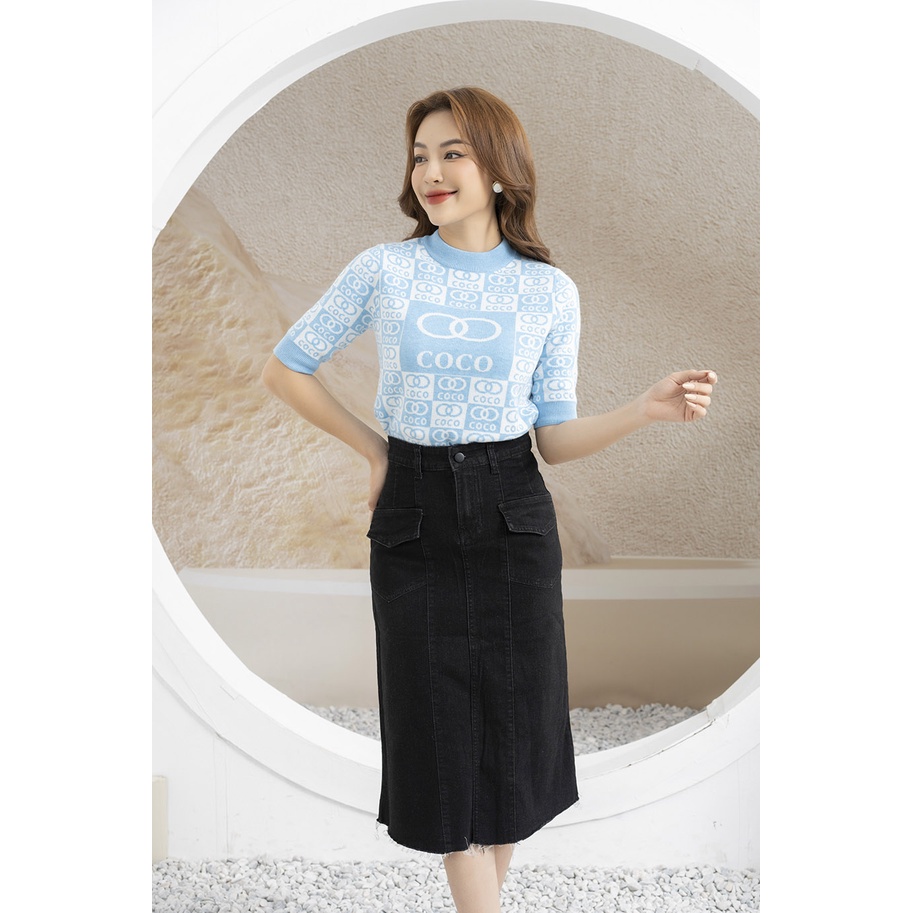 Áo len nữ cổ cao 3cm Fiona, Áo len nữ tay ngắn họa tiết chữ coco mã F852731