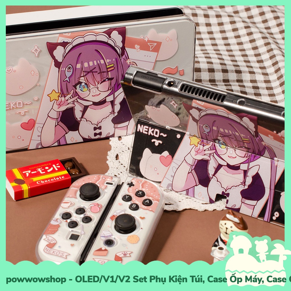 OLED/V1/V2 Set Phụ Kiện Case Ốp Máy, Ốp Dock, Túi Đựng, Hộp Băng Cho Máy Nintendo Switch Maid Girl