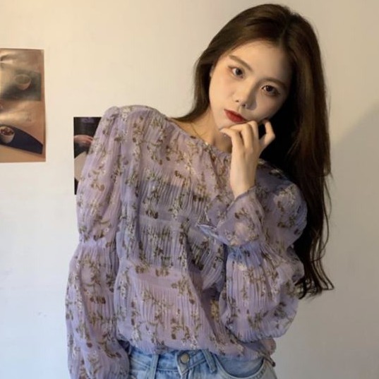 Áo chiffon tay dài họa tiết hoa cổ tròn thanh lịch trẻ trung cho nữ