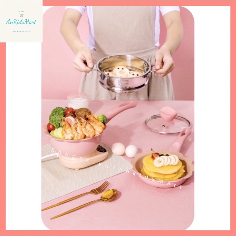 Bộ nồi chảo đá hình hoa cao cấp kèm xửng hấp nấu đồ ăn dặm cho bé