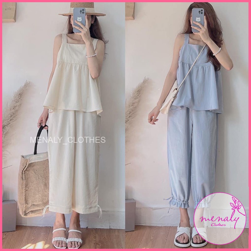 Set bộ nữ áo 2 dây babydoll bản to quần bom nữ SE031, mẫu set bộ mặc được 2 kiểu quần suông hoặc rút dây