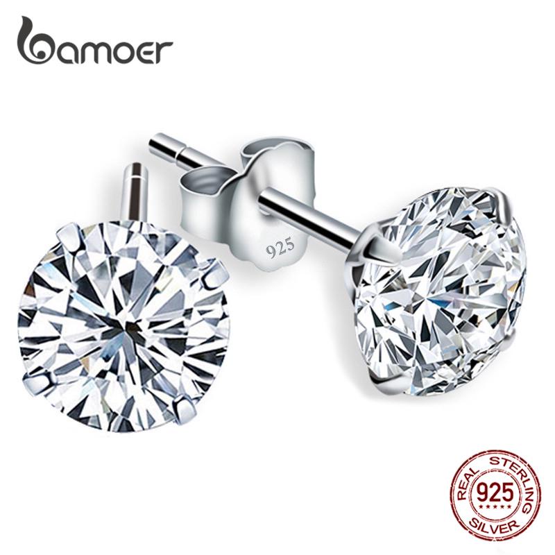 Bông Tai Bamoer BSE166 Bằng Bạc S925 Đính Đá Zircon Tròn Không Gây Kích Ứng Cho Phụ Nữ/Bé Gái 4mm 5mm 6mm 7mm
