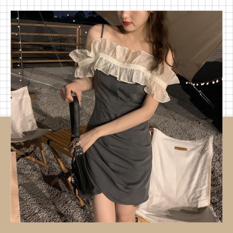 Đầm/Váy trễ vai xám phối ren phong cách hàn quốc