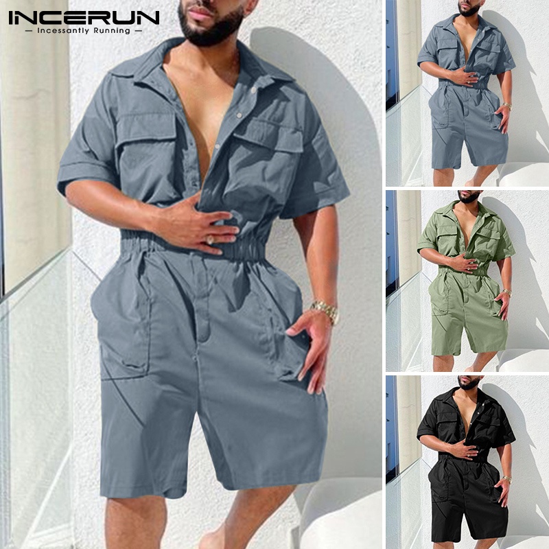 Áo liền quần INCERUN co giãn tay ngắn với 3 màu thời trang tùy chọn cho nam