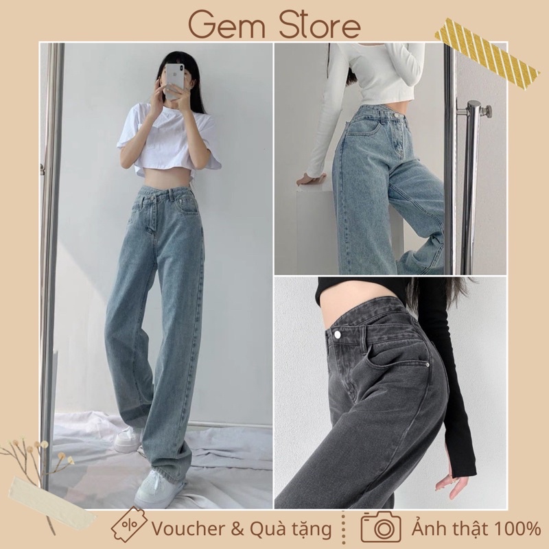 Quần jeans ống rộng dài cạp lệch hách dáng phong cách Hàn Quốc