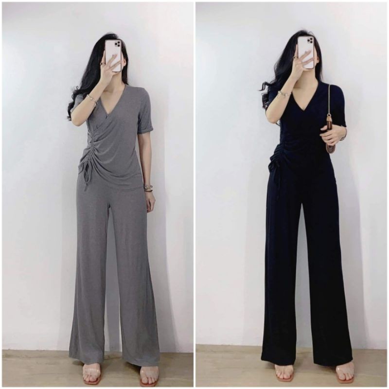 Set bộ dài nữ quần ống rộng áo croptop phối nơ