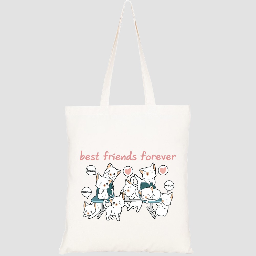 Túi vải tote canvas HTFashion in hình kawaii cat characters with bench HT163