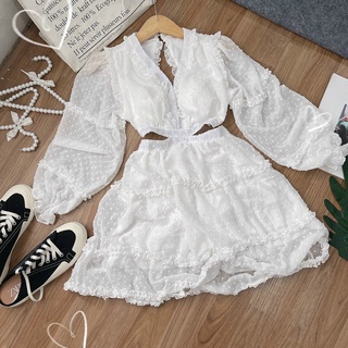 ĐẦM BÔNG VẢI BÈO CUT OUT TRẮNG