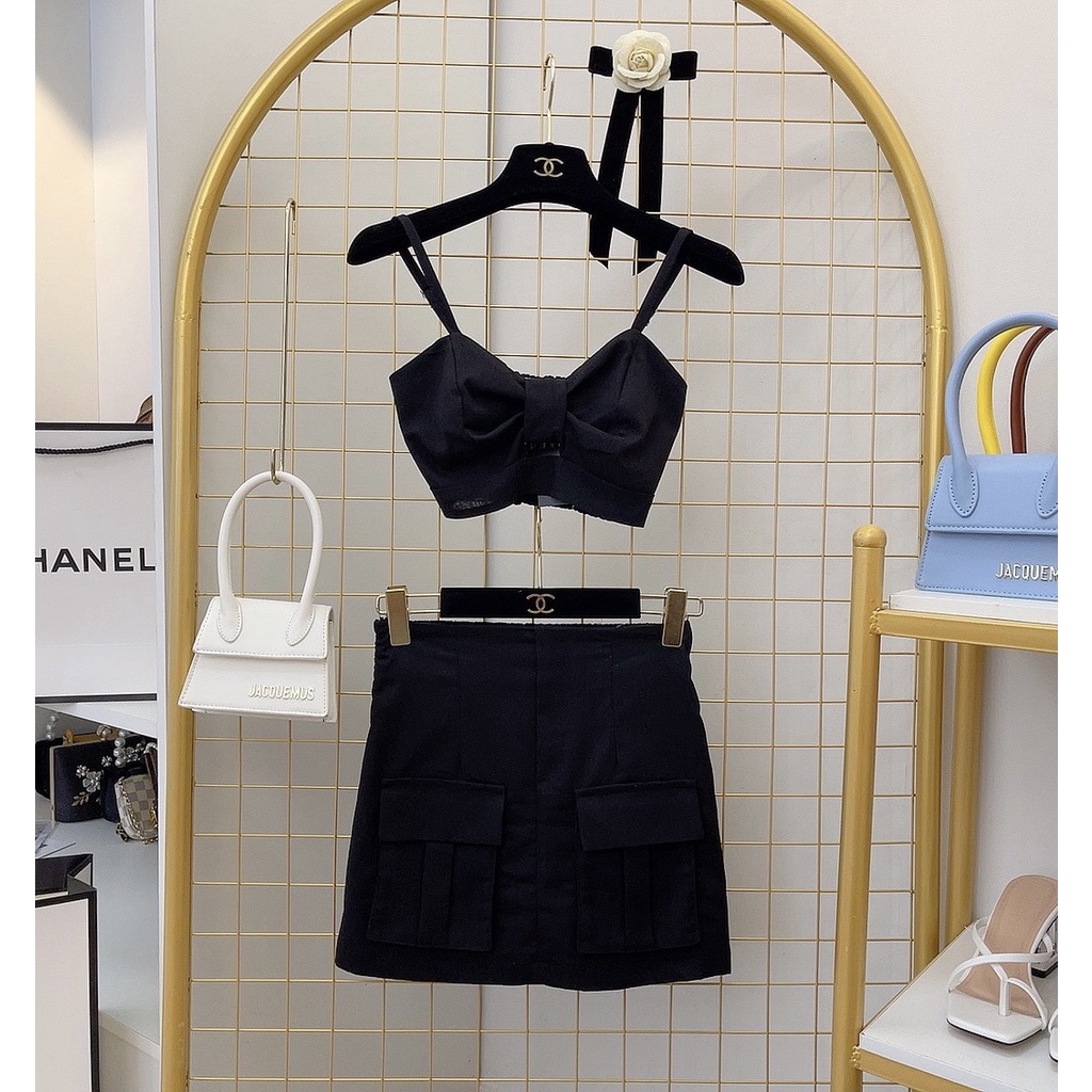 Sét áo 2 dây phối nơ cùng chân váy nắp túi MQ CLOTHING