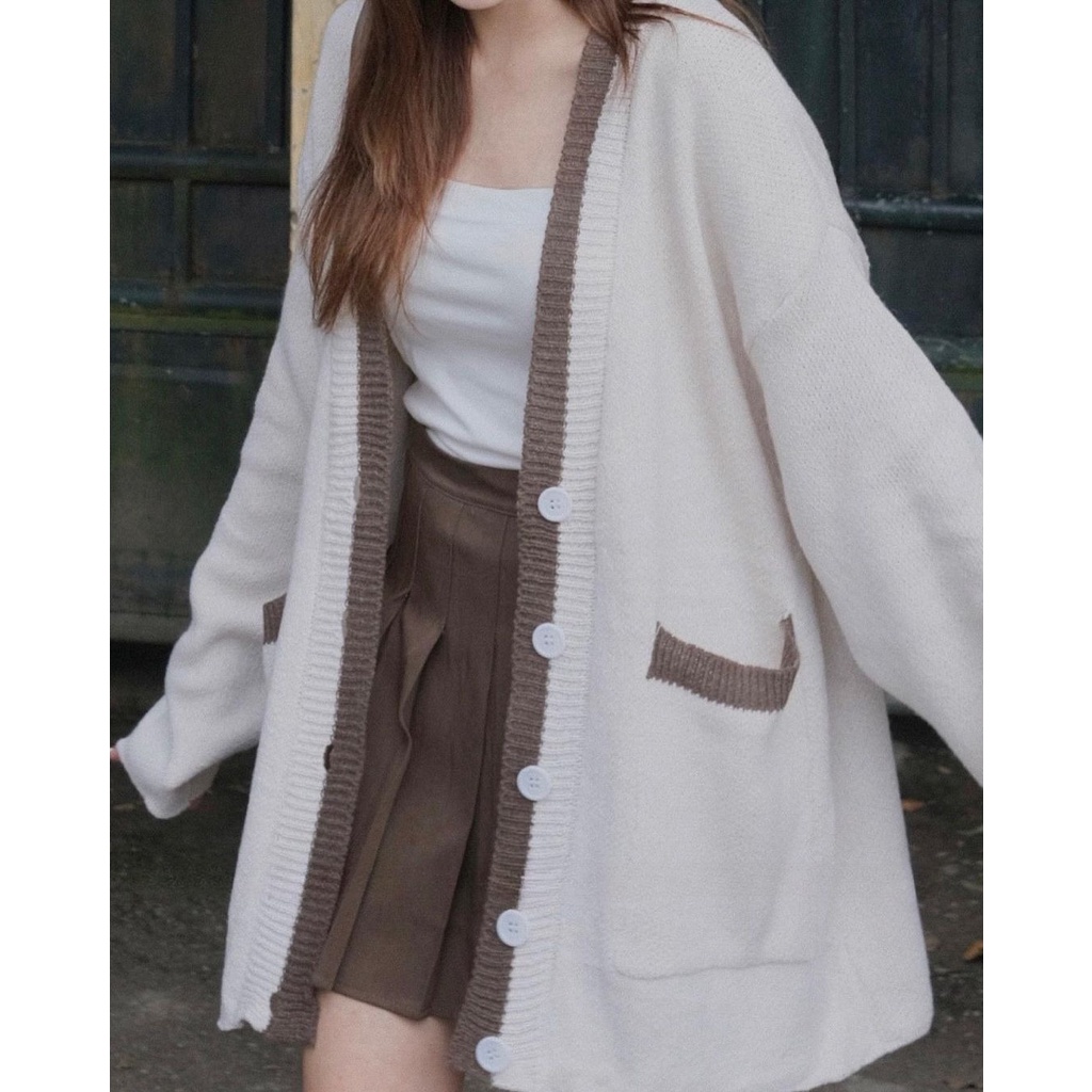 Áo cardigan len phối viền form rộng dáng dài hàng Quảng Châu dày dặn