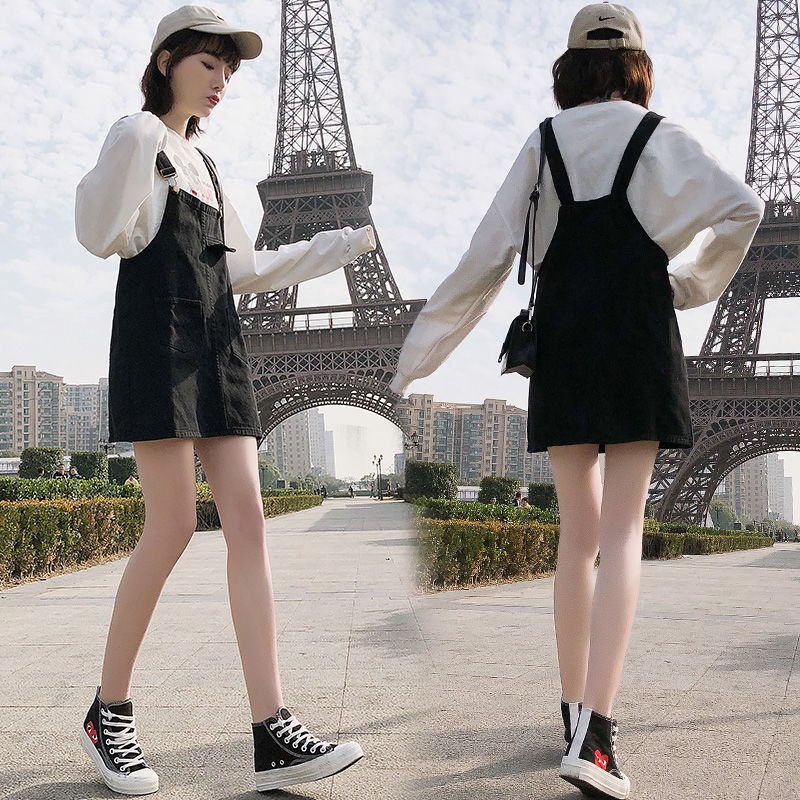 Đầm Yếm Denim Đen Dáng Rộng Phong Cách Hàn Quốc Thời Trang Xuân Hè Cho Nữ