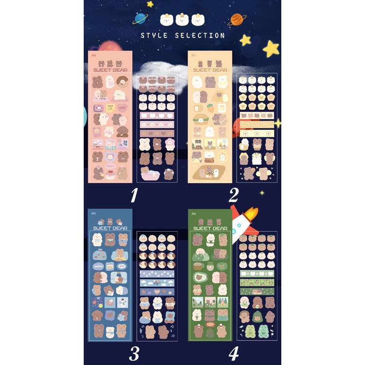 Flowertree Sticker Set 2 tờ nhãn dán họa tiết gấu ngọt ngào trang trí nhật kí